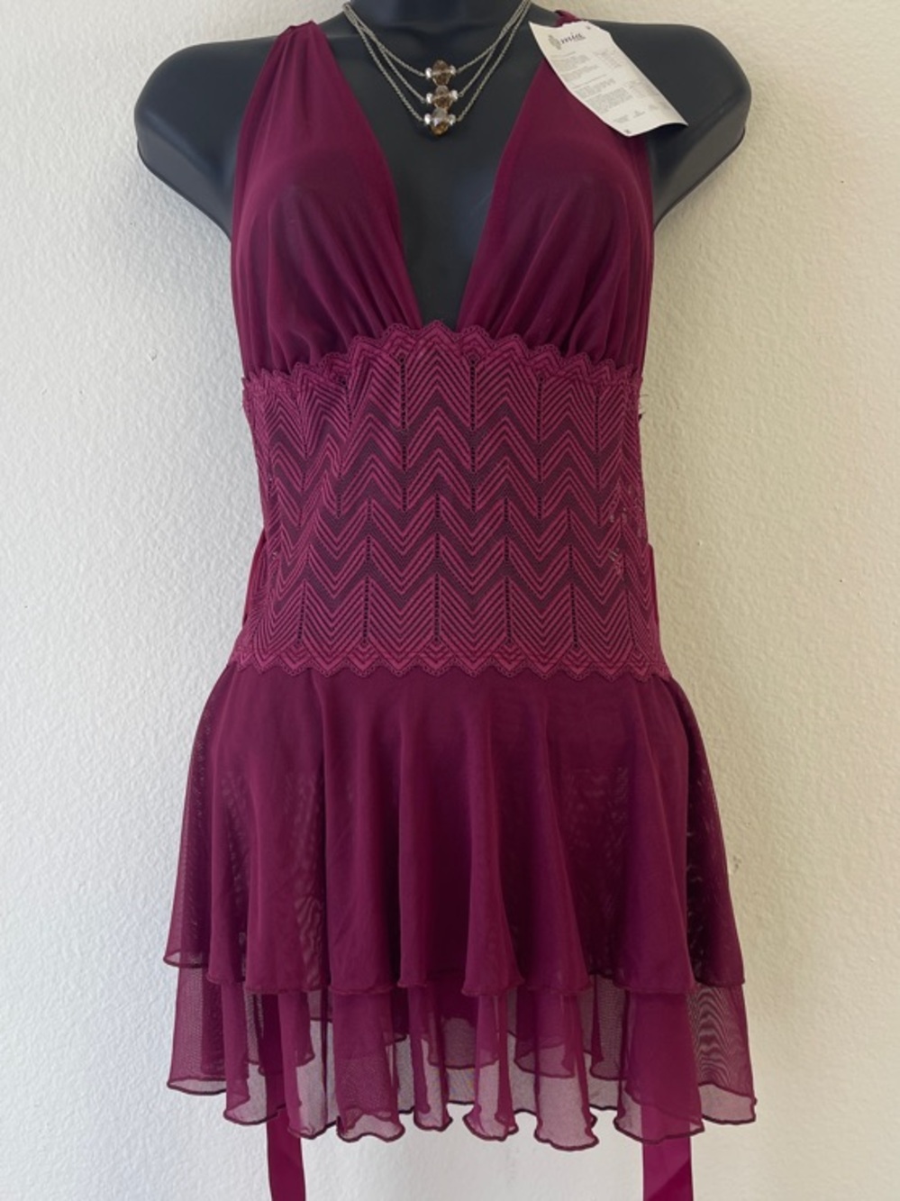 Andrea Jovine Burgundy Lace-Detail Chiffon Babydoll Chemise